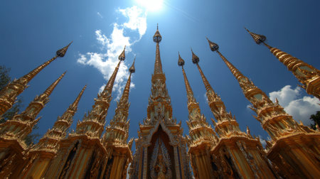 Stunning view of golden spires reaching towards a bright blue sky, capturing the intricate architecture of a temple and its spiritual essence.の素材