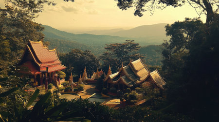 A tranquil mountain temple nestled in lush greenery, showcasing beautiful architecture and breathtaking natural surroundings, perfect for peaceful retreats.の素材