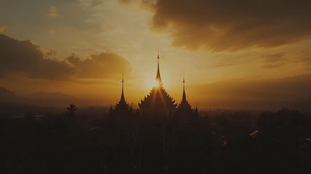 Experience the serene beauty of a sunset over a majestic temple, featuring stunning silhouettes against a vibrant sky, capturing tranquility and culture.の素材