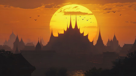A breathtaking silhouette of a majestic temple against a vibrant sunset, showcasing the harmony of nature and architecture, inviting exploration and reflection.の素材