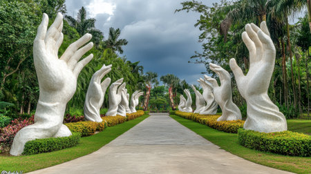 This captivating image features a striking pathway lined with large, artistic hands, creating a surreal and tranquil atmosphere surrounded by lush greenery.の素材
