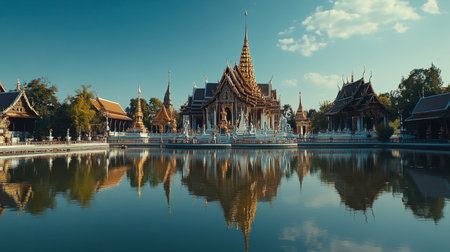 Beautiful serene temple reflecting in calm waters under a clear sky in Thailand. A perfect blend of architecture, nature, and tranquility.の素材