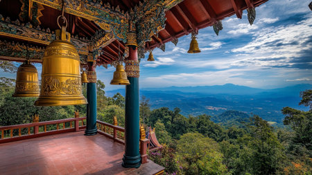 Majestic temple bells overlook a panoramic mountain view, blending culture with nature. The serene atmosphere invites reflection and peace.の素材