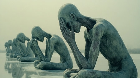 This evocative sculpture depicts figures in deep contemplation, embodying themes of sadness and reflection. An artistic exploration of human emotion in a serene setting.の素材