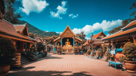 A serene temple scene featuring a majestic Buddha statue surrounded by lush landscapes and vibrant architecture, ideal for travel and cultural themes.の素材