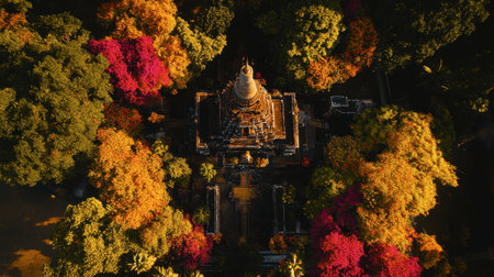 A stunning aerial view of a colorful temple embraced by vibrant autumn trees. This picturesque scene captures the serene beauty and heritage of nature, perfect for travel inspiration.の素材