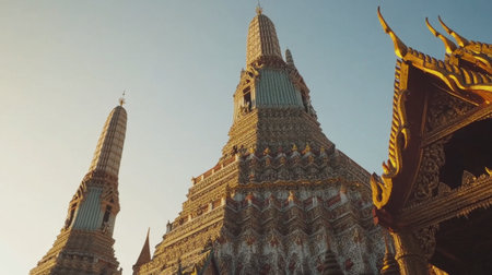 Discover the intricate architecture of a stunning temple at sunrise, showcasing ornate details and a serene atmosphere, perfect for travel and culture enthusiasts.の素材
