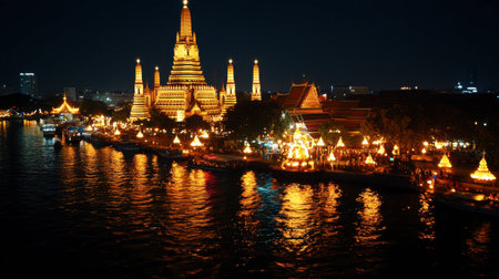 A stunning view of a beautifully illuminated temple at night, reflecting in the calm waters nearby, creating a serene and vibrant atmosphere.の素材