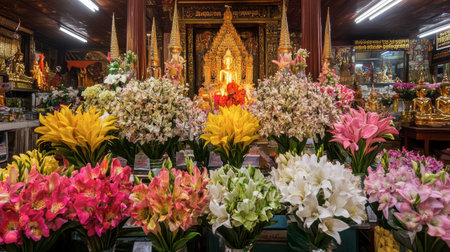 A vibrant flower arrangement in a Thai temple creates a serene atmosphere, showcasing faith and beauty. This image captures the essence of devotion and culture.の素材
