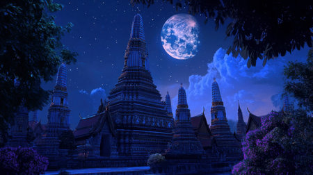 A stunning temple scene under a starry night sky, featuring a bright moon and serene atmosphere. Perfect for showcasing spirituality and vibrant landscapes.の素材