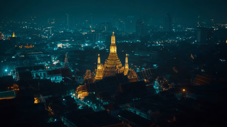 Experience a breathtaking nighttime cityscape featuring a beautifully illuminated temple surrounded by a vibrant urban setting. The serene glow enhances the architectural elegance.の素材