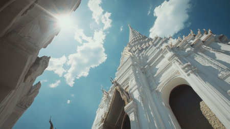 A stunning view of a majestic white temple reaching towards a bright blue sky, adorned with intricate details and surrounded by fluffy clouds, perfect for travel themes.の素材