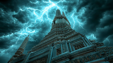 Stunning view of a majestic temple surrounded by dark storm clouds and striking lightning, creating a captivating atmospheric scene.の素材