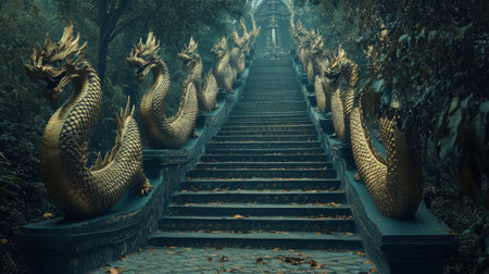A captivating pathway lined with majestic golden dragon statues leads through a tranquil forest, inviting exploration and reflection amidst nature's beauty.の素材