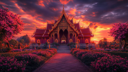 Experience a breathtaking sunset illuminating an ornate temple in Thailand, surrounded by vibrant flowers and dramatic clouds, showcasing natural beauty and architecture.の素材
