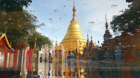 A stunning reflection of a golden temple in calm water showcases the beauty of architecture and nature, creating a serene and vibrant atmosphere.の素材