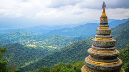 A stunning view of an intricately designed temple structure surrounded by lush mountains, showcasing the beauty of nature and cultural heritage.の素材