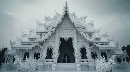 This image showcases an intricately designed white temple in Thailand, highlighting its stunning architectural detail against a serene sky.の素材
