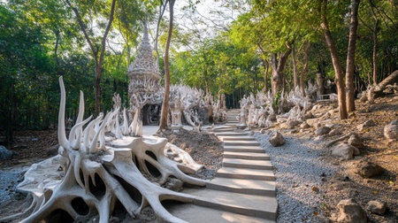 Explore a winding pathway leading through a mesmerizing sculpture garden filled with intricate white designs and surrounded by lush greenery.の素材