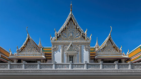 Explore the stunning architecture of a Thai temple featuring intricate details and vibrant colors set against a clear blue sky, epitomizing cultural heritage.の素材