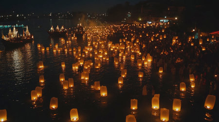 A breathtaking scene of floating lanterns illuminating the dark waters during a festive celebration. The tranquil atmosphere highlights beauty and culture in harmony.の素材