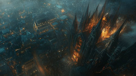A breathtaking aerial view of a gothic city engulfed in flames at night, creating a dramatic and surreal atmosphere filled with mystery and destruction.の素材
