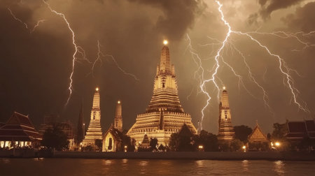 A dramatic thunderstorm illuminates a historic temple with vibrant lightning strikes. The scene captures the awe-inspiring beauty of nature against cultural architecture.の素材