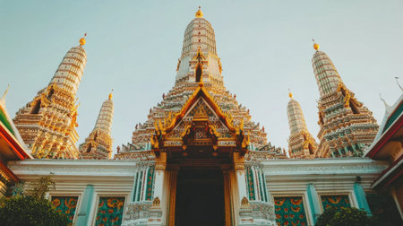 Stunning view of temple spires reaching towards the sky, showcasing intricate architectural details and vibrant colors. A serene cultural landmark.の素材