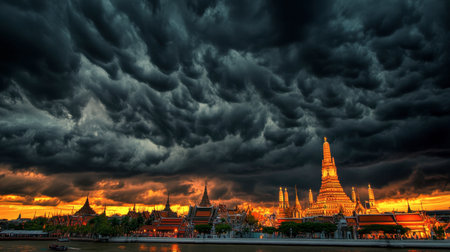 A breathtaking view of a temple illuminated by sunset light under a dramatic cloud-filled sky. The vibrant colors reflect beautifully on the water, creating a serene atmosphere.の素材