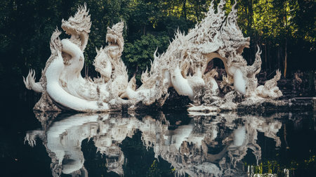 Captivating sculptural art reflects in still waters, surrounded by lush greenery. This serene scene showcases unique artistry and natural beauty.の素材