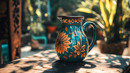 A vibrant and artistic handcrafted pitcher rests on a sunlit table, showcasing intricate floral designs. This colorful piece adds charm to any setting.の素材