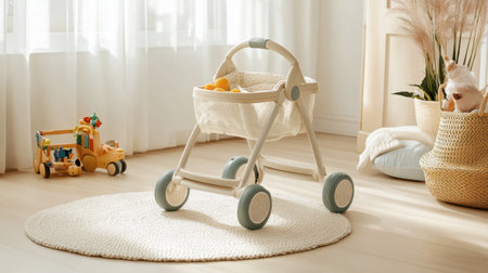 A charming playroom featuring a wooden doll stroller surrounded by toys, soft colors, and natural light, creating a cozy and inviting atmosphere for children.の素材