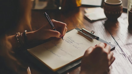 A woman writes notes in a cozy cafe, capturing thoughts in a warm, inviting atmosphere. The scene reflects creativity and inspiration amid a relaxed lifestyle.の素材