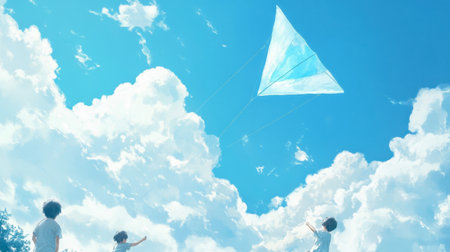 Three children joyfully flying a kite against a bright blue sky filled with fluffy clouds, symbolizing freedom, playfulness, and childhood innocence.の素材