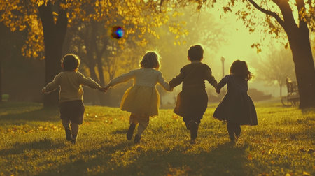 A charming scene of children playing together in a sunlit park. The golden autumn foliage creates a warm, inviting atmosphere that captures the essence of carefree childhood moments.の素材