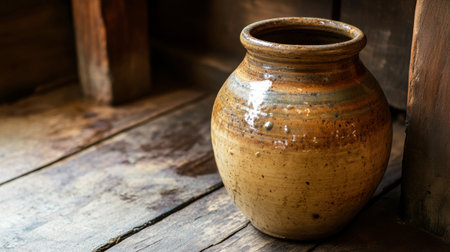 A rustic pottery vase sits elegantly on a wooden floor, showcasing natural textures and warm tones, perfect for enhancing home decor and artistic expression.の素材