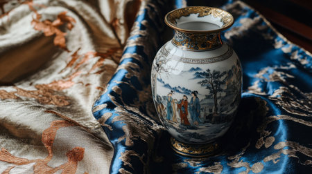 This image showcases an elegant porcelain vase artfully placed on luxurious fabric, highlighting intricate patterns and rich colors for a stunning aesthetic appeal.の素材