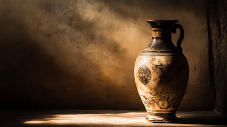 An elegant antique vase beautifully lit by soft natural light, showcasing intricate designs and textures, perfect for home decor or artistic inspiration.の素材