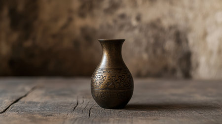 A vintage decorative vase sits gracefully on a rustic wooden surface, showcasing intricate designs. This elegant piece adds charm to any interior setting.の素材