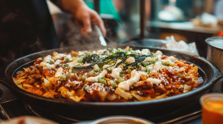 A vibrant street food dish being prepared, showcasing fresh ingredients and aromatic spices. The tempting steam adds to the delicious appeal of the meal.の素材