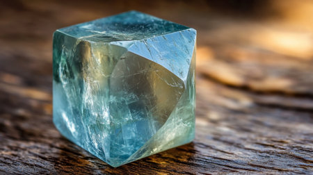 A stunning blue fluorite gemstone showcases its captivating clarity and unique geometric form. The crystal is placed on a rustic wooden surface, enhancing its natural beauty and vibrant colors.の素材