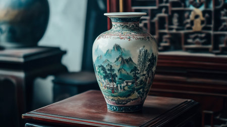 This striking decorative vase showcases intricate designs featuring beautiful landscapes and mountains, perfect for enhancing any interior decor.の素材