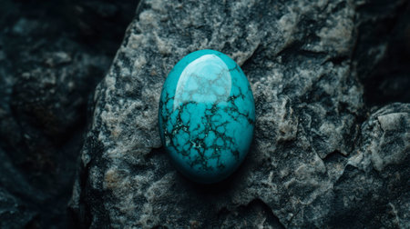 A captivating turquoise stone resting on a dark rock surface showcases its vibrant color and unique patterns, perfect for nature and gem enthusiasts.の素材