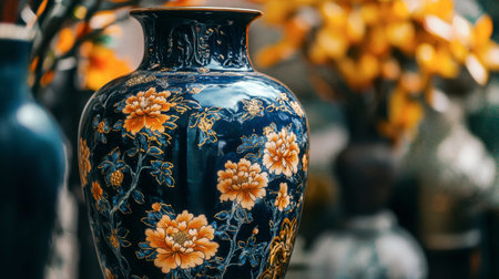 A beautifully crafted blue vase adorned with floral patterns, set against a vibrant backdrop bursting with color. This piece exemplifies elegance and artistic craftsmanship.の素材