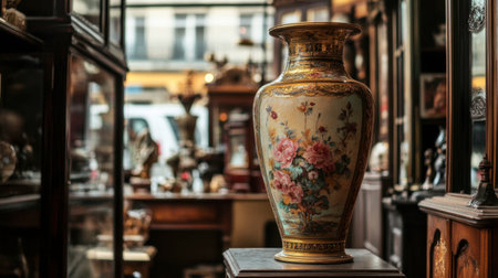 A beautifully ornate antique vase displayed in a vintage shop. The exquisite floral design and elegant structure highlight the artistry and craftsmanship of bygone eras.の素材