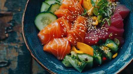 A vibrant sushi bowl featuring fresh salmon and tuna, garnished with vegetables and sesame seeds, perfect for healthy meal options or culinary inspiration.の素材