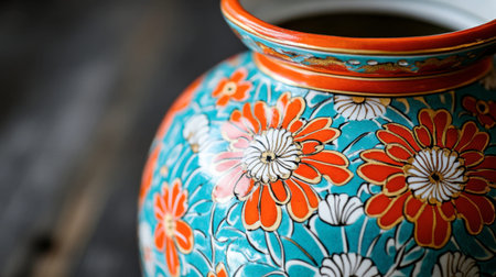 A vibrant ceramic vase featuring intricate floral patterns in bright colors, perfect for enhancing home decor or as a striking art piece.の素材