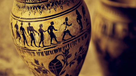 A stunning depiction of ancient Greek art captured on a ceramic vase, showcasing intricate figures and narratives that reflect historical storytelling and cultural heritage.の素材