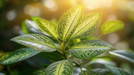 A close-up of vibrant green leaves illuminated by soft sunlight, showcasing intricate patterns and textures. Perfect for nature-themed projects.の素材