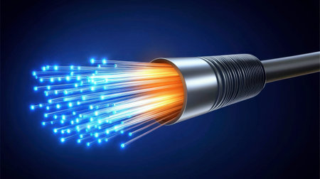 A dynamic fiber optic cable emitting bright light effects symbolizes high-speed data transmission and modern communication technology.の素材